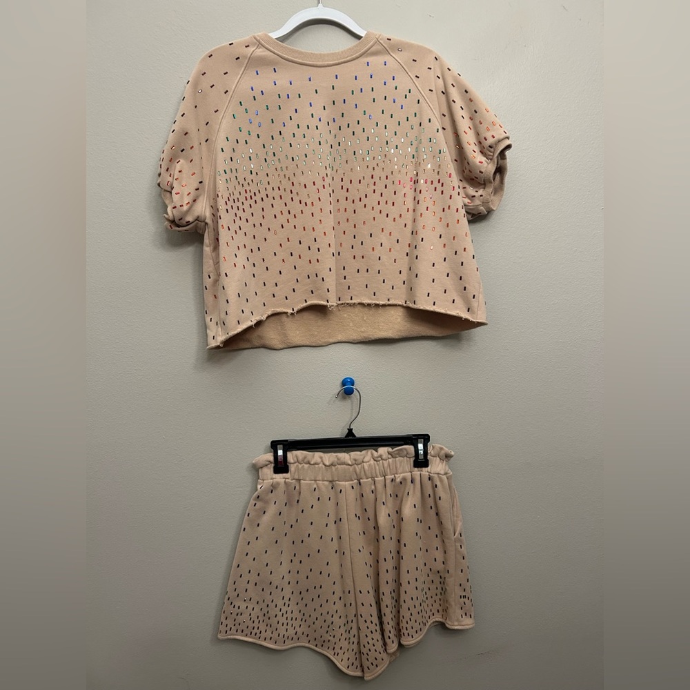 QOS QUEEN OF SPARKLES khaki sweatshirt shorts set rainbow stone embellishment M
